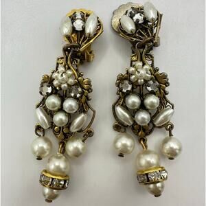Robert Demario unsigned gold tone rose montee rhinestones pearl clip on earrings
